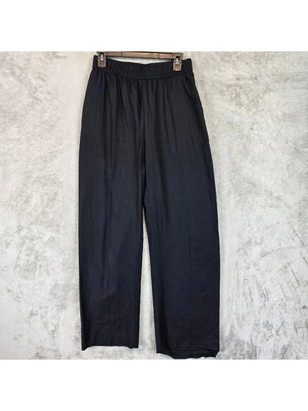 Zara Pants Womens M Black Linen Viscose Straight Leg Elastic Waist Relaxed